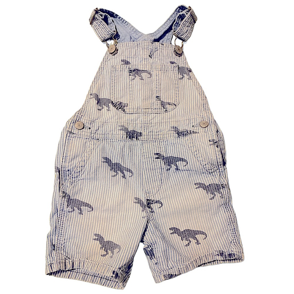 GAP T Rex Dinosaur Blue Pinstripe Shortall Overall Shorts - Size 2 Toddler